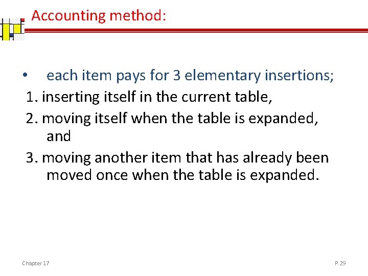 Accounting method: • each item pays for 3 elementary insertions; 1. inserting itself in