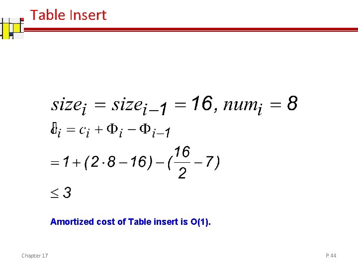 Table Insert Amortized cost of Table insert is O(1). Chapter 17 P. 44 Table Insert Amortized cost of Table insert is O(1). Chapter 17 P. 44