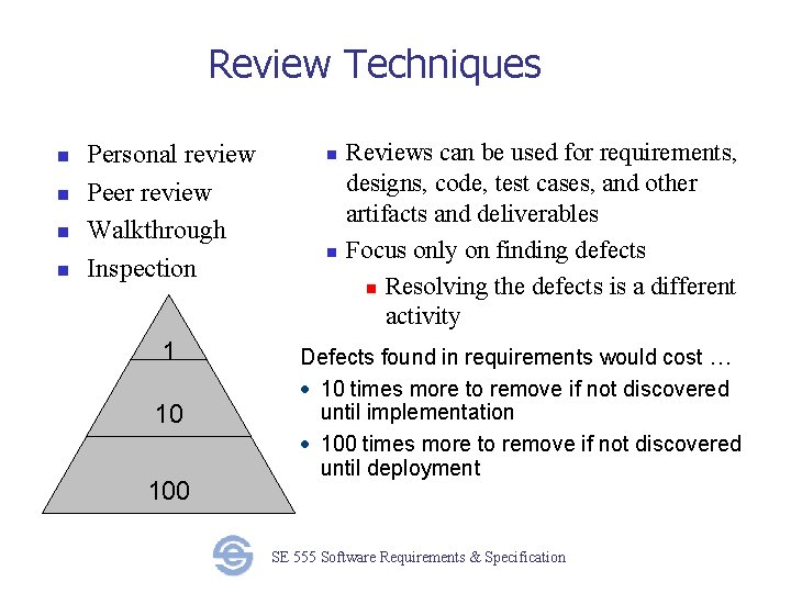 Review Techniques n n Personal review Peer review Walkthrough Inspection 1 10 100 n