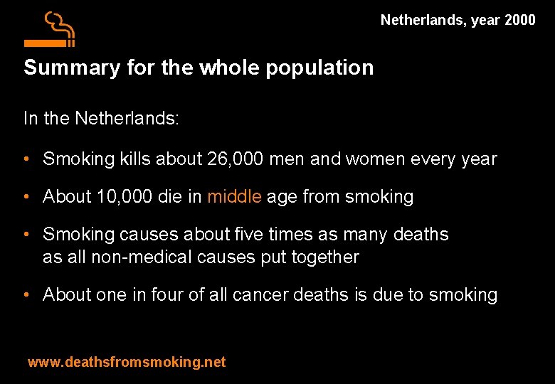 Netherlands, year 2000 Summary for the whole population In the Netherlands: • Smoking kills