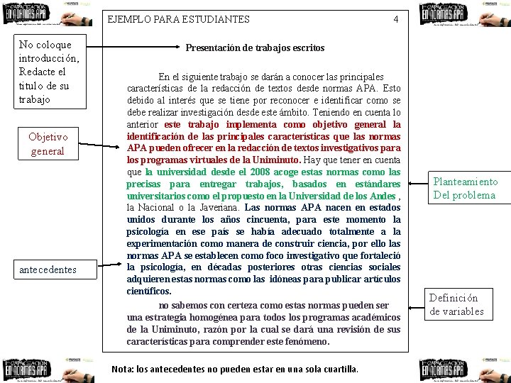 EJEMPLO PARA ESTUDIANTES No coloque introducción, Redacte el titulo de su trabajo Objetivo general