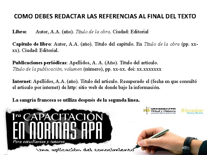 COMO DEBES REDACTAR LAS REFERENCIAS AL FINAL DEL TEXTO Libro: Autor, A. A. (año).
