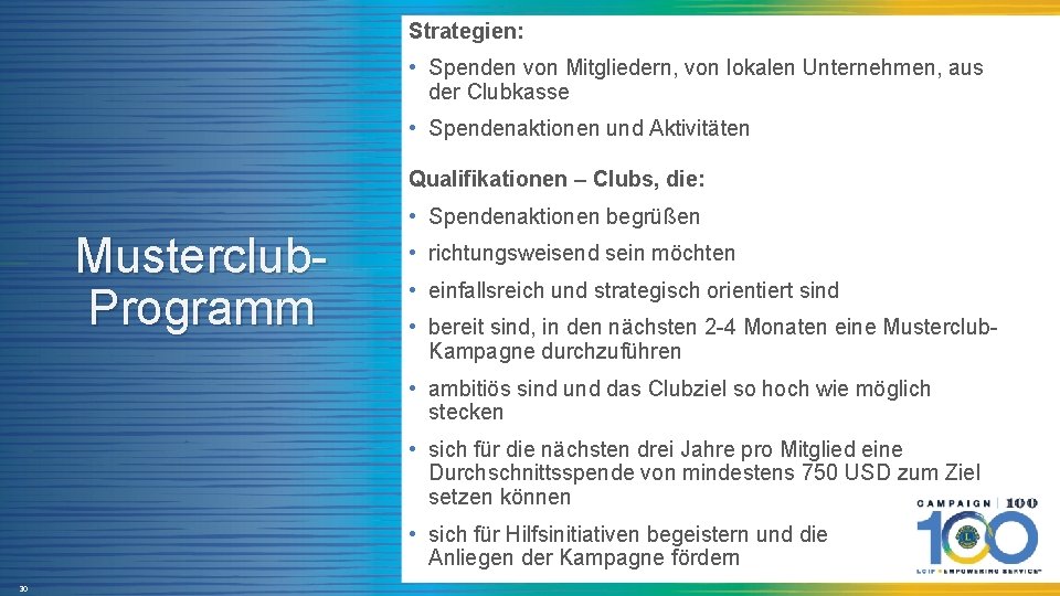 Strategien: • Spenden von Mitgliedern, von lokalen Unternehmen, aus der Clubkasse • Spendenaktionen und