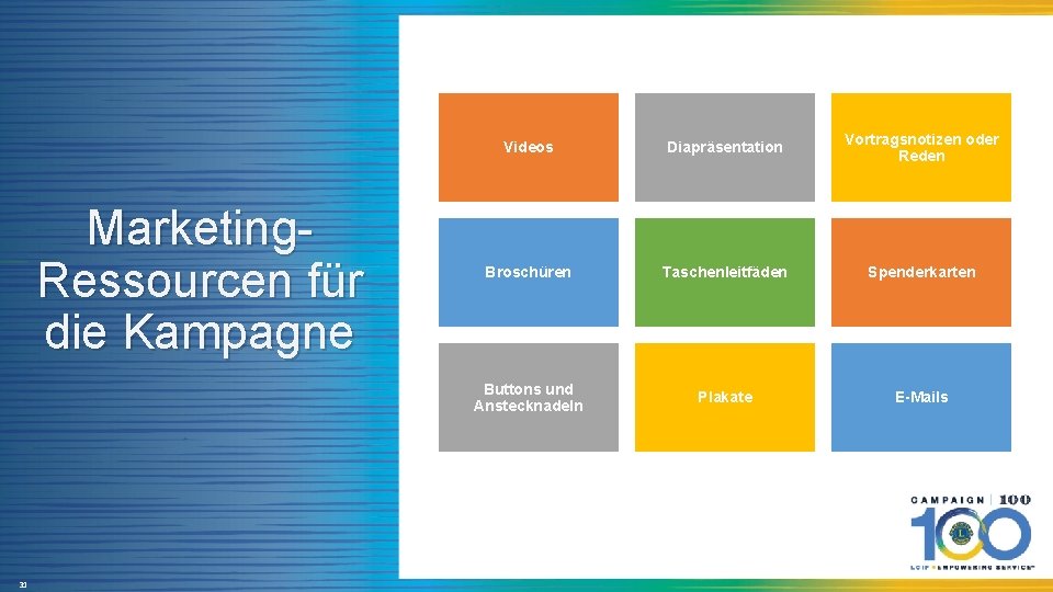 Marketing. Ressourcen für die Kampagne 31 Videos Diapräsentation Vortragsnotizen oder Reden Broschüren Taschenleitfäden Spenderkarten