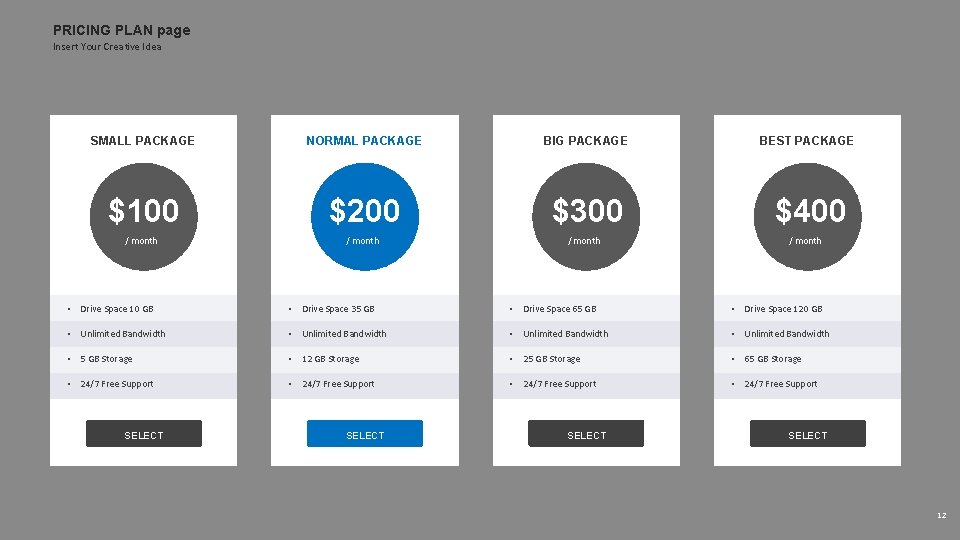 PRICING PLAN page Insert Your Creative Idea SMALL PACKAGE NORMAL PACKAGE BIG PACKAGE BEST
