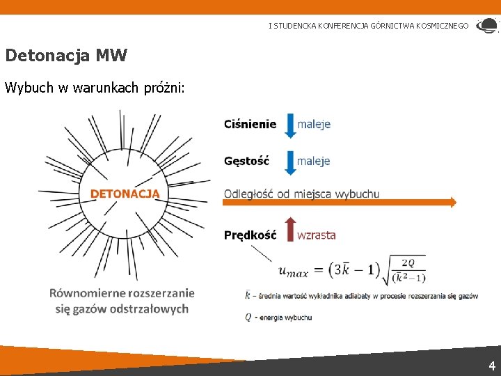 I STUDENCKA KONFERENCJA GÓRNICTWA KOSMICZNEGO Detonacja MW Wybuch w warunkach próżni: 4 