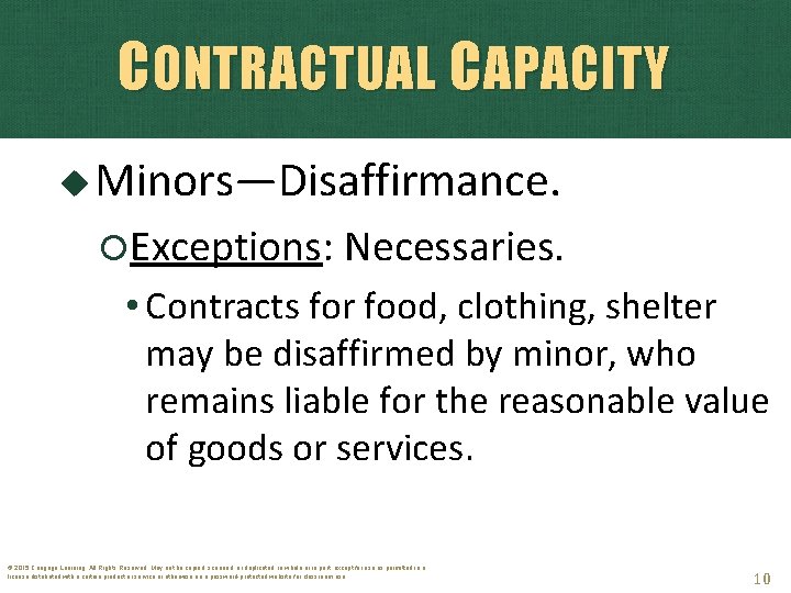 CONTRACTUAL CAPACITY Minors—Disaffirmance. Exceptions: Necessaries. • Contracts for food, clothing, shelter may be disaffirmed