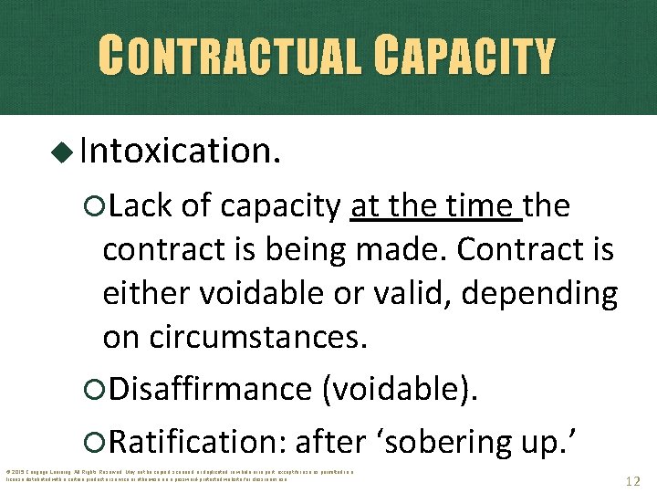 CONTRACTUAL CAPACITY Intoxication. Lack of capacity at the time the contract is being made.