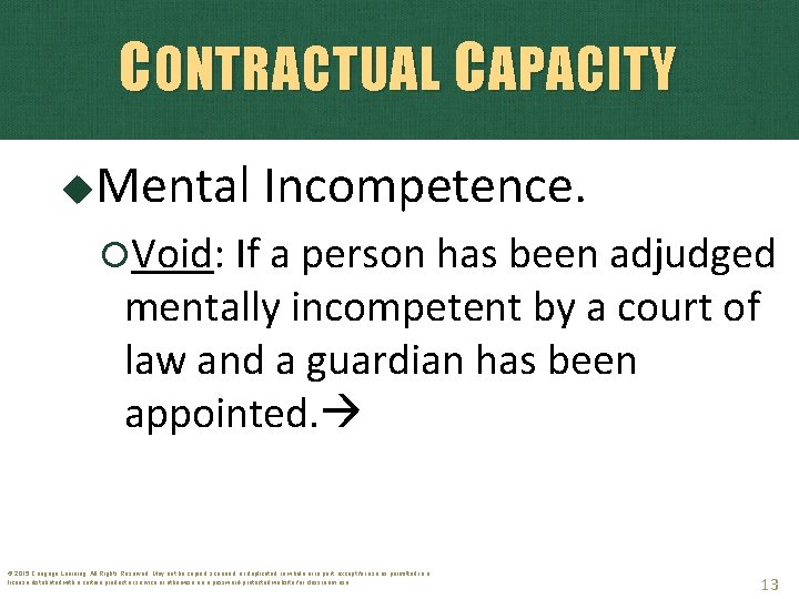 CONTRACTUAL CAPACITY Mental Incompetence. Void: If a person has been adjudged mentally incompetent by