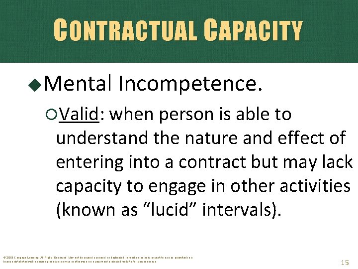 CONTRACTUAL CAPACITY Mental Incompetence. Valid: when person is able to understand the nature and