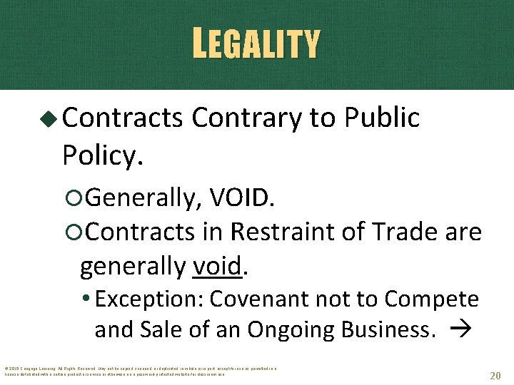 LEGALITY Contracts Policy. Contrary to Public Generally, VOID. Contracts in Restraint of Trade are