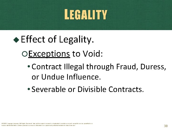 LEGALITY Effect of Legality. Exceptions to Void: • Contract Illegal through Fraud, Duress, or
