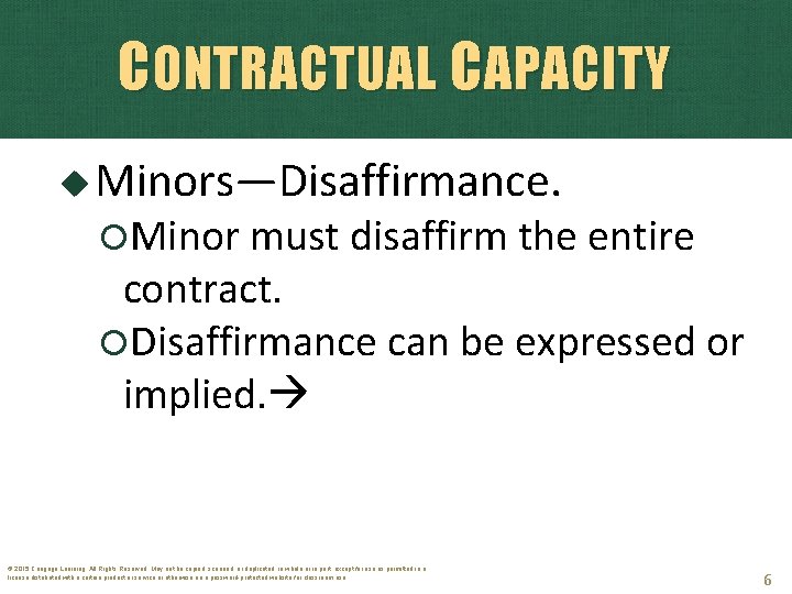 CONTRACTUAL CAPACITY Minors—Disaffirmance. Minor must disaffirm the entire contract. Disaffirmance can be expressed or