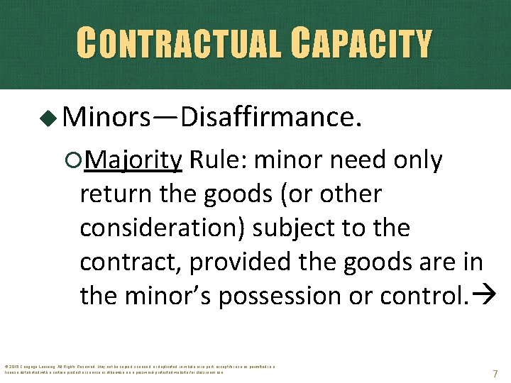 CONTRACTUAL CAPACITY Minors—Disaffirmance. Majority Rule: minor need only return the goods (or other consideration)