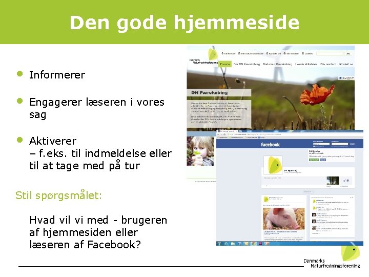 Den gode hjemmeside • • • Informerer Engagerer læseren i vores sag Aktiverer –