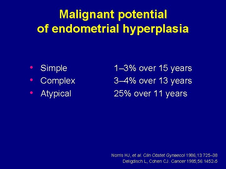 Malignant potential of endometrial hyperplasia • Simple • Complex • Atypical 1– 3% over