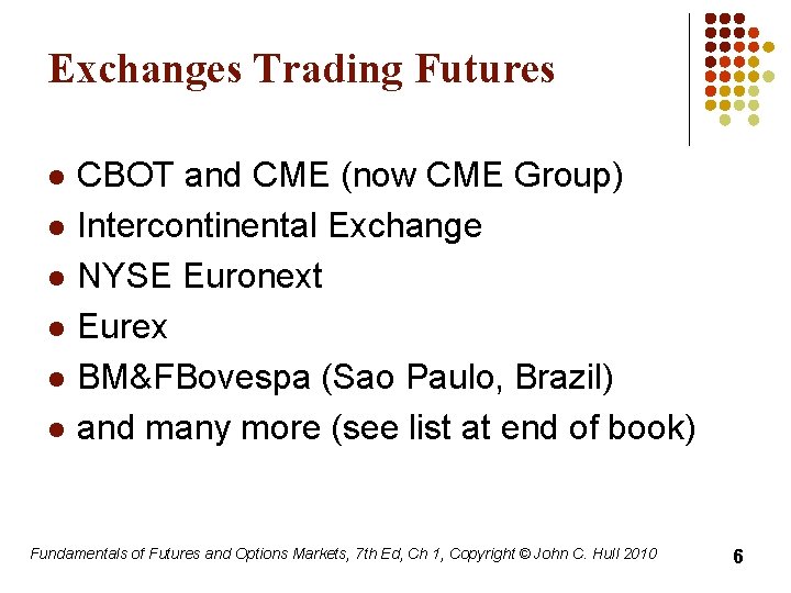 Exchanges Trading Futures l l l CBOT and CME (now CME Group) Intercontinental Exchange