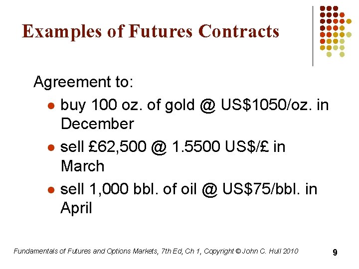 Examples of Futures Contracts Agreement to: l buy 100 oz. of gold @ US$1050/oz.