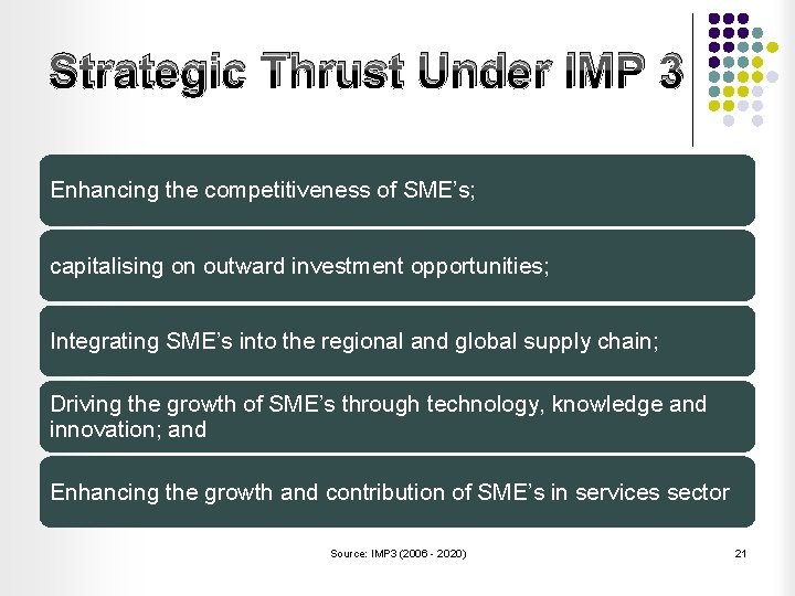 Strategic Thrust Under IMP 3 Enhancing the competitiveness of SME’s; capitalising on outward investment