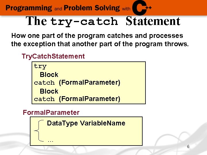 The try-catch Statement How one part of the program catches and processes the exception