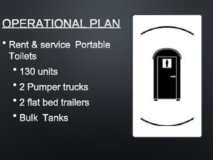 OPERATIONAL PLAN • RENT & SERVICEP ORTABLE TOILETS • 130 UNITS • 2 PUMPER