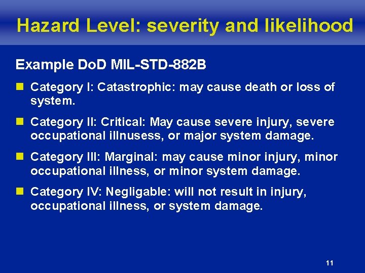 Hazard Level: severity and likelihood Example Do. D MIL-STD-882 B n Category I: Catastrophic: Hazard Level: severity and likelihood Example Do. D MIL-STD-882 B n Category I: Catastrophic: