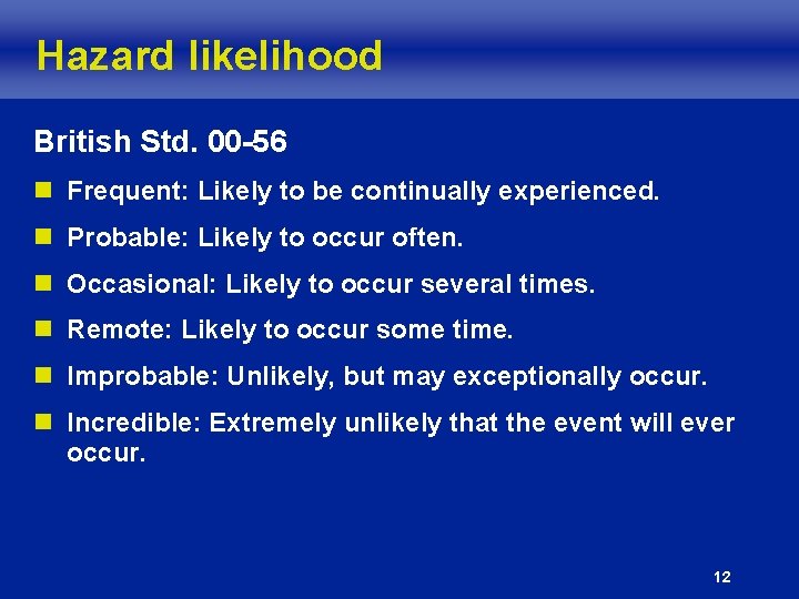 Hazard likelihood British Std. 00 -56 n Frequent: Likely to be continually experienced. n Hazard likelihood British Std. 00 -56 n Frequent: Likely to be continually experienced. n