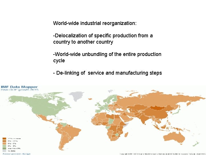 World-wide industrial reorganization: -Delocalization of specific production from a country to another country -World-wide