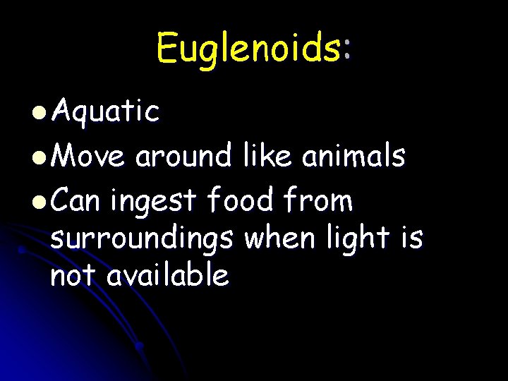 Euglenoids: l Aquatic l Move around like animals l Can ingest food from surroundings
