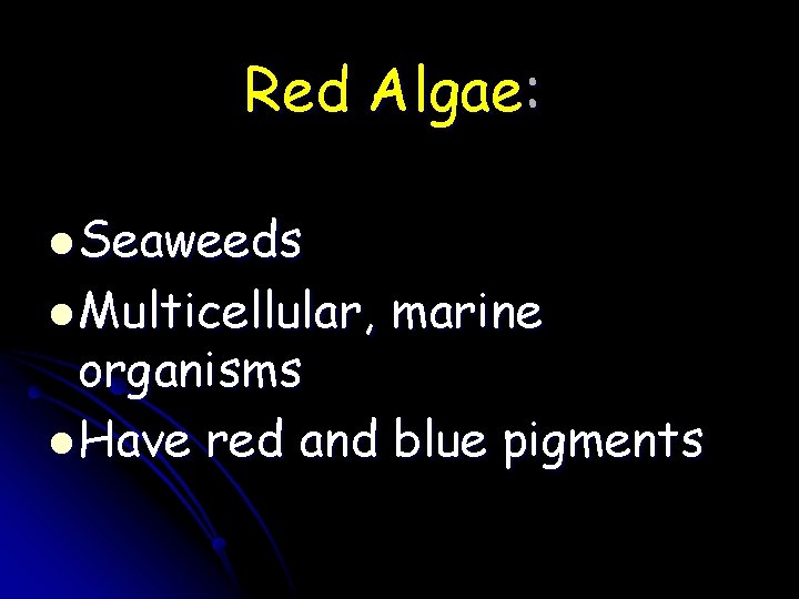Red Algae: l Seaweeds l Multicellular, marine organisms l Have red and blue pigments