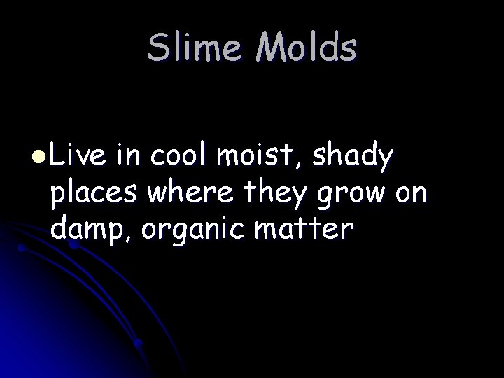 Slime Molds l Live in cool moist, shady places where they grow on damp,