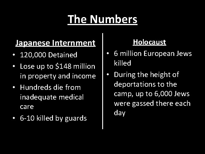 The Numbers Japanese Internment • 120, 000 Detained • Lose up to $148 million