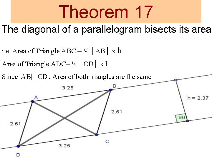 Theorem 17 The diagonal of a parallelogram bisects its area i. e. Area of