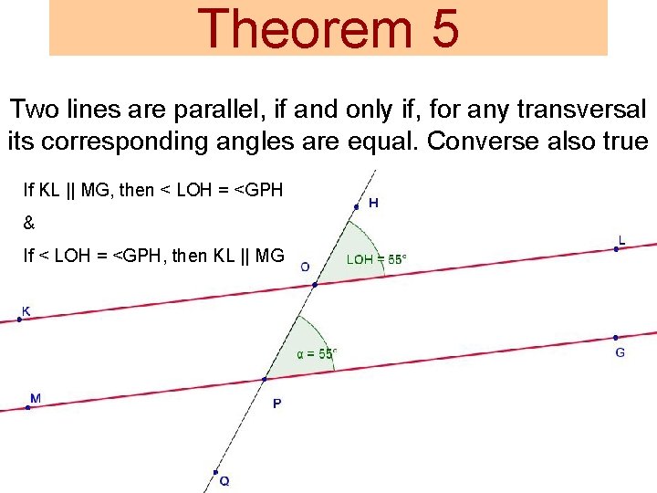 Theorem 5 Two lines are parallel, if and only if, for any transversal its
