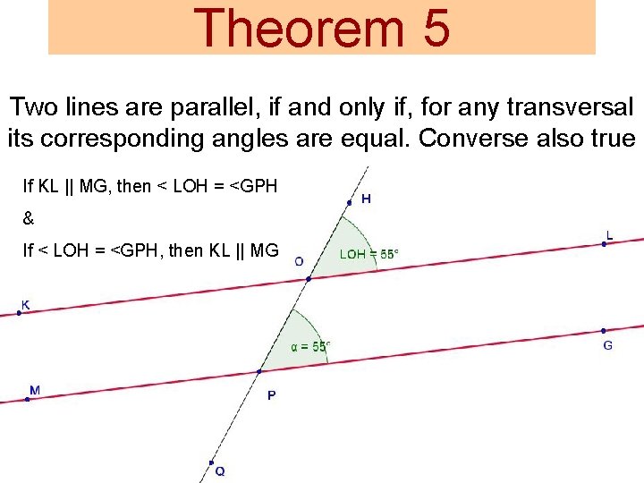 Theorem 5 Two lines are parallel, if and only if, for any transversal its