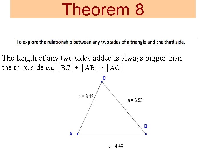 Theorem 8 The length of any two sides added is always bigger than the