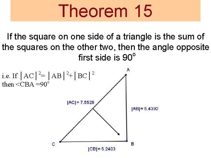Theorem 15 If the square on one side of a triangle is the sum