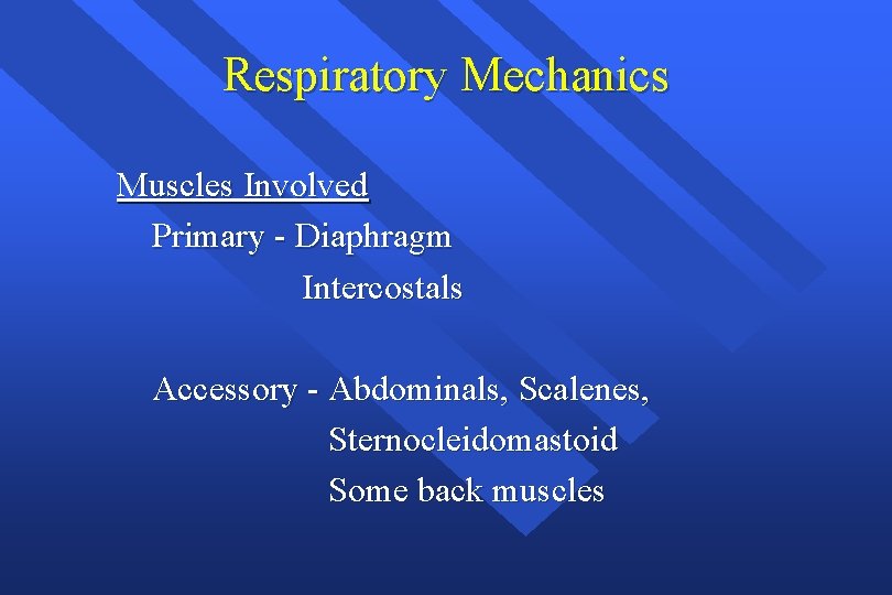 Respiratory Mechanics Muscles Involved Primary - Diaphragm Intercostals Accessory - Abdominals, Scalenes, Sternocleidomastoid Some