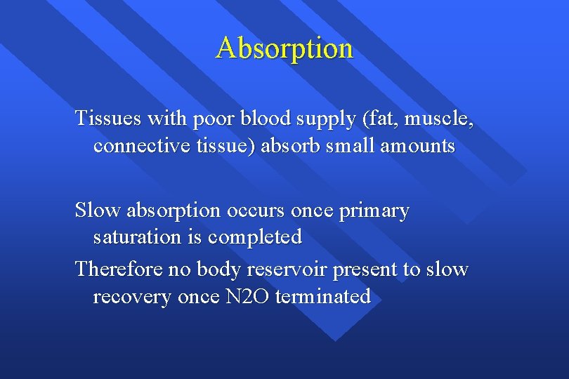 Absorption Tissues with poor blood supply (fat, muscle, connective tissue) absorb small amounts Slow