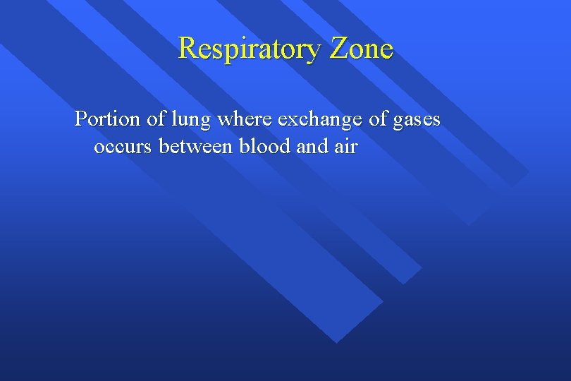 Respiratory Zone Portion of lung where exchange of gases occurs between blood and air