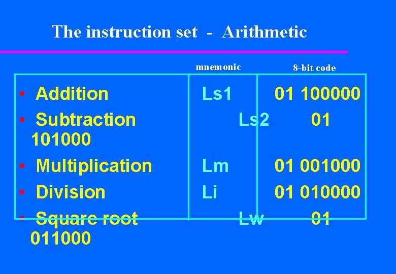 The instruction set - Arithmetic mnemonic • Addition • Subtraction 101000 • Multiplication •