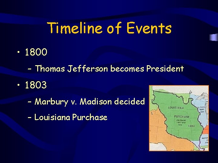 Timeline of Events • 1800 – Thomas Jefferson becomes President • 1803 – Marbury