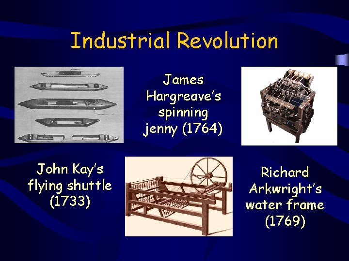 Industrial Revolution James Hargreave’s spinning jenny (1764) John Kay’s flying shuttle (1733) Richard Arkwright’s