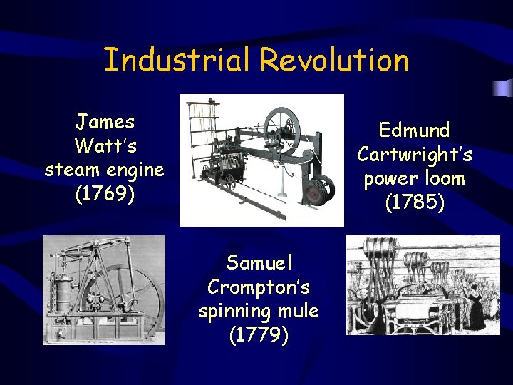 Industrial Revolution James Watt’s steam engine (1769) Edmund Cartwright’s power loom (1785) Samuel Crompton’s