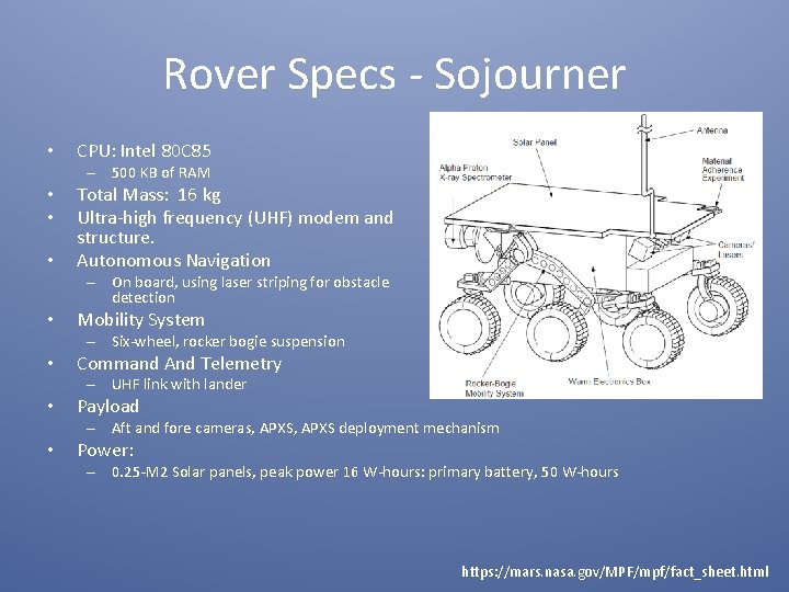 Rover Specs - Sojourner • CPU: Intel 80 C 85 – 500 KB of