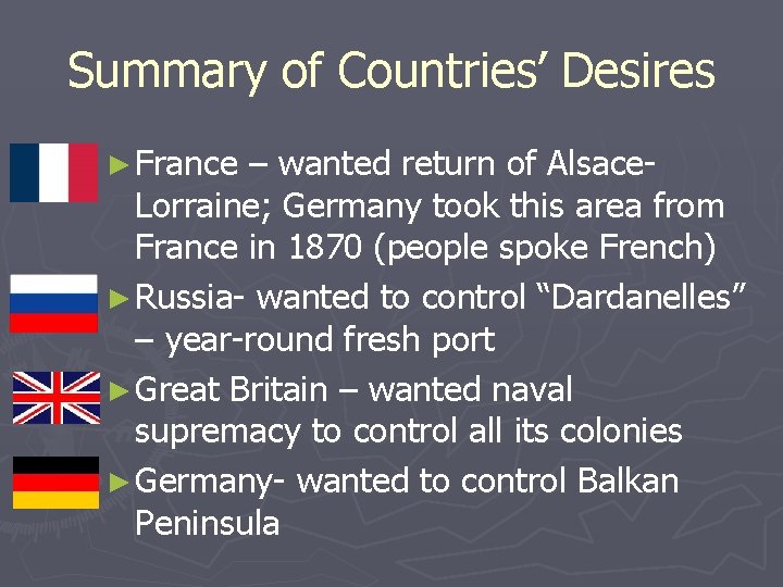 Summary of Countries’ Desires ► France – wanted return of Alsace. Lorraine; Germany took