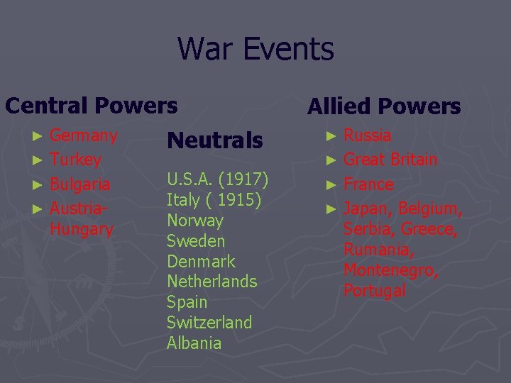 War Events Central Powers ► Germany Neutrals Turkey ► Bulgaria ► Austria. Hungary ►