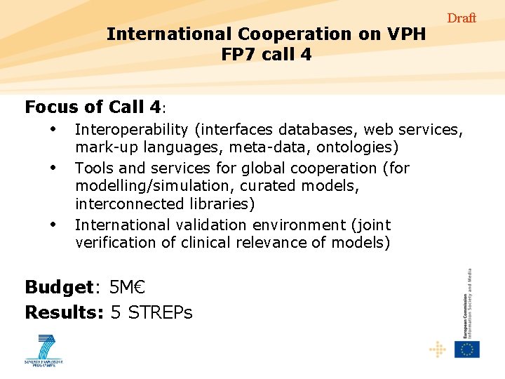 International Cooperation on VPH FP 7 call 4 Draft Focus of Call 4: •