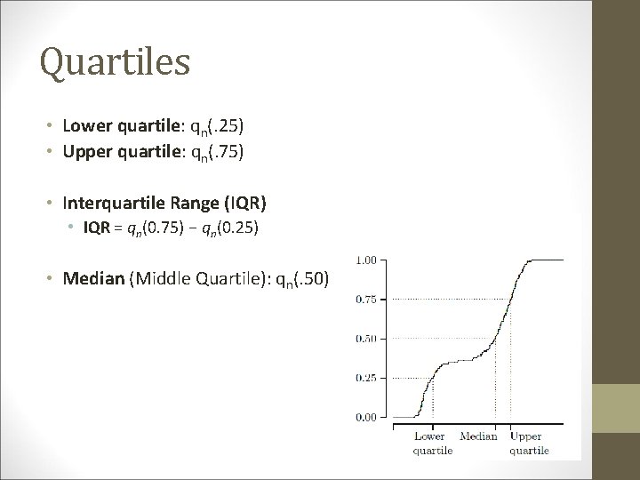 Quartiles • Lower quartile: qn(. 25) • Upper quartile: qn(. 75) • Interquartile Range