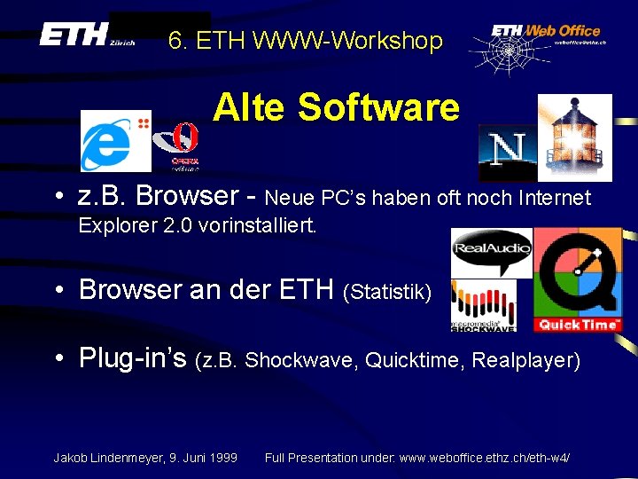 6. ETH WWW-Workshop Alte Software • z. B. Browser - Neue PC’s haben oft